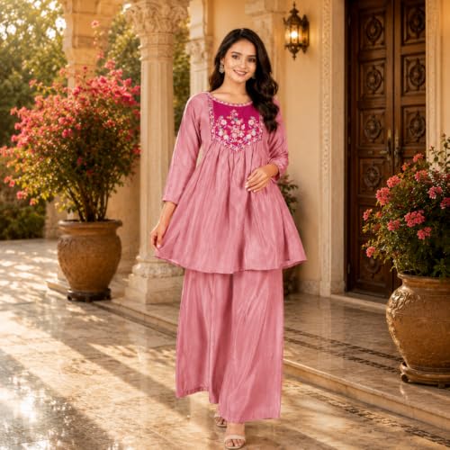Image of Embroidered Sharara Set for Women | Roman Silk Short Kurta with Flared Sharara Pants | Designer Festive Ethnic Wear Suit Set for Weddings, Sangeet & Celebrations
