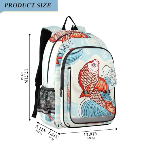 Kids School Backpack for Boys Girls, Cute Japanese Fish Blue Large Kids Backpack with Chest Strap, 6-12 Y School Bag with Front Flap, 17 Inch2