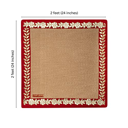 Image of Damaroo Designer Pooja Room Mats-Combo Pack of 3 Pooja Aasans-Handcrafted Aasan for Puja for Sitting Praying Meditation Gifting-1 Large Mat (2x4 ft) + 2 Small Mats (2x2 ft each) (Golden Mat with Red Gota Patti)