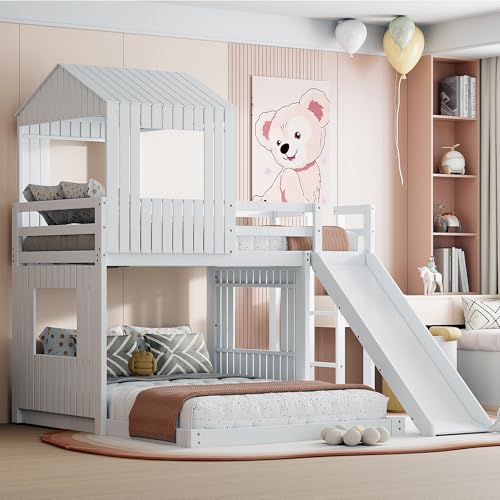 Harper & Bright Designs House Bunk Bed with Slide,Wood Twin Over Full Bunk Bed with Roof,Ladder & Safety Guardrail,Floor Bunk Loft Bed for Kids,Teens,No Box Spring Needed, White