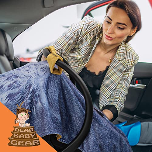 Image of Dear Baby Gear Car Seat Cover for Boys & Girls - Baby Carseat Canopy w /Snap Opening - Infant Seat Cover - Nursing Covers - Newborn Carrier Canopy -40x30 inch(Highland Cow on Denim, Smooth Khaki)