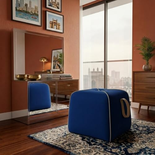 Image of FURNY Signature Regalia Suri Accent Pouf | Boston Fabric | 40D High-Density Foam | (Midnight Blue) | Footrest, Vanity Ottoman & Accent Seat for Home, Office & Hotel