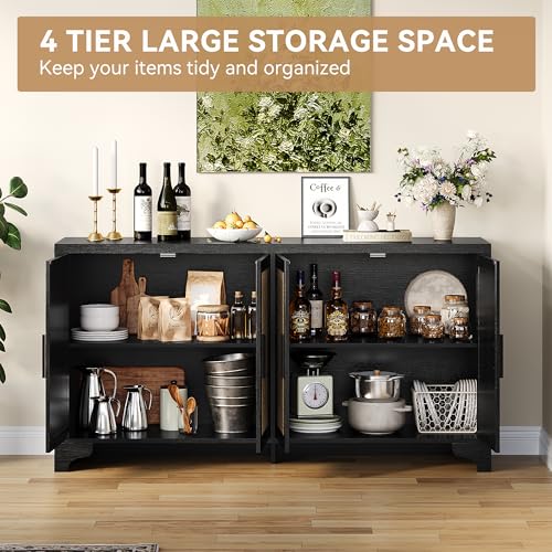 GarveeHome 4-Door Sideboard Buffet Cabinet, Natural Rattan Storage Cabinet, Boho Entryway Console Table, Coffee Bar Station for Dinning Room, Living Room, Kitchen, Black