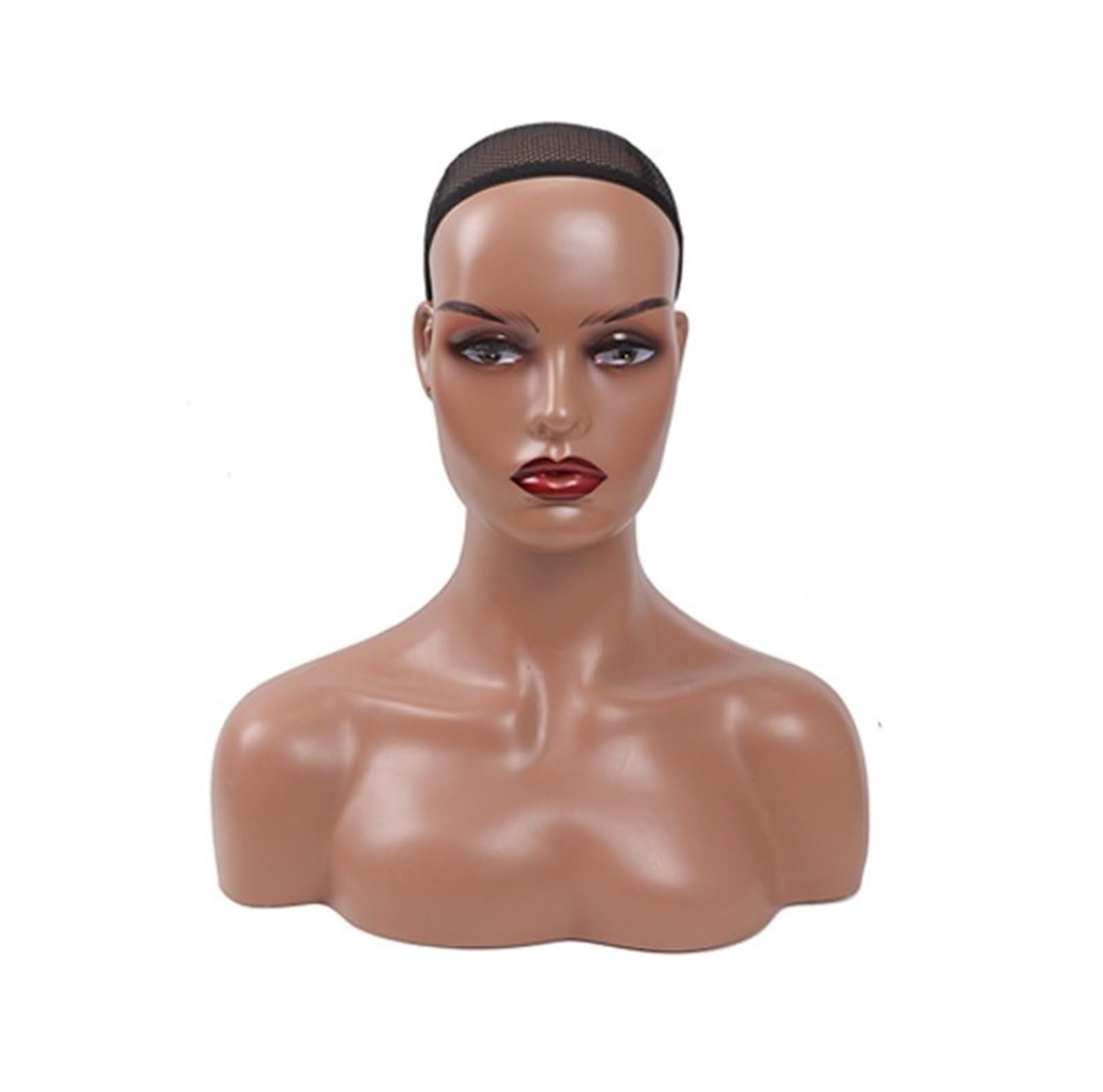 Fonfou Women's Redlips Dark Brown 4Pcs/Box Realistic Mannequin Head With Shoulders African Wig Display Model Dark Brown Doll For Hat Glasses(Redlips Dark Brown)