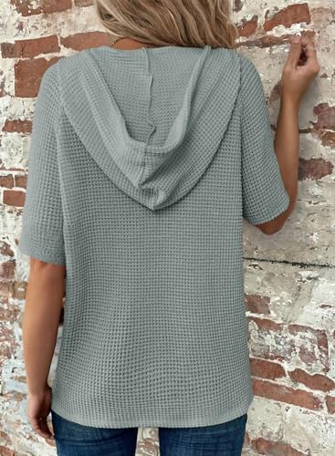 Image of Dokotoo Womens Summer Tops Waffle Knit Short Sleeve Lightweight Drawstring Hoodies Button V Neck Casual Blouses Shirts