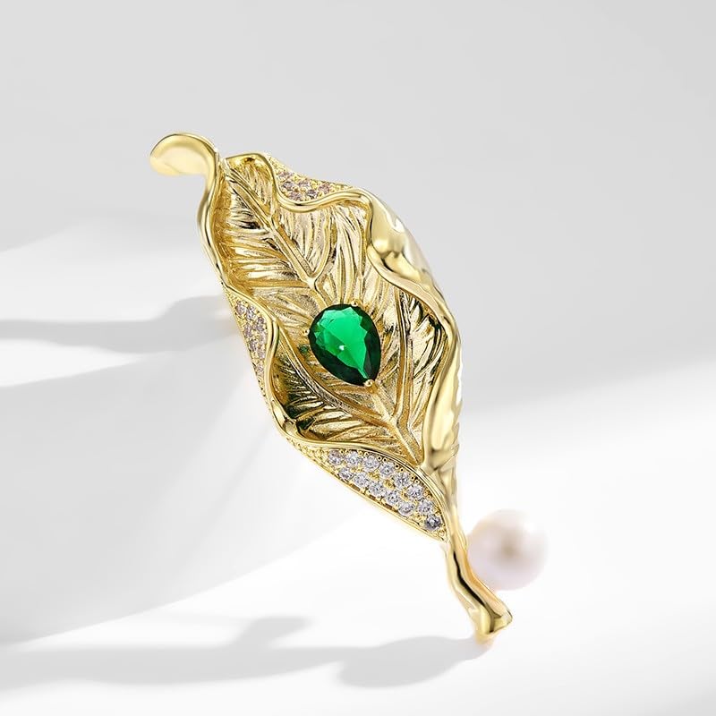 Image of Rhinestone Leaf Brooch Pins - Crystal & Gold-plated Lapel Pin Jewelry for Women - Birthday Gift for Wife or Friends