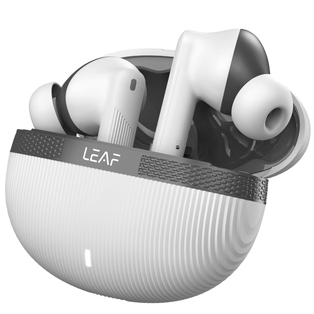 Leaf Buds X342 True Wireless in Ear Earbuds with Ai Sound App, 32H Playtime, Quad Mic with Enc, 50Ms Low Latency, Fast Charging (10Min=210Min), 10Mm Driver, Ipx5, Bluetooth V5.4 TWS (White Grey)