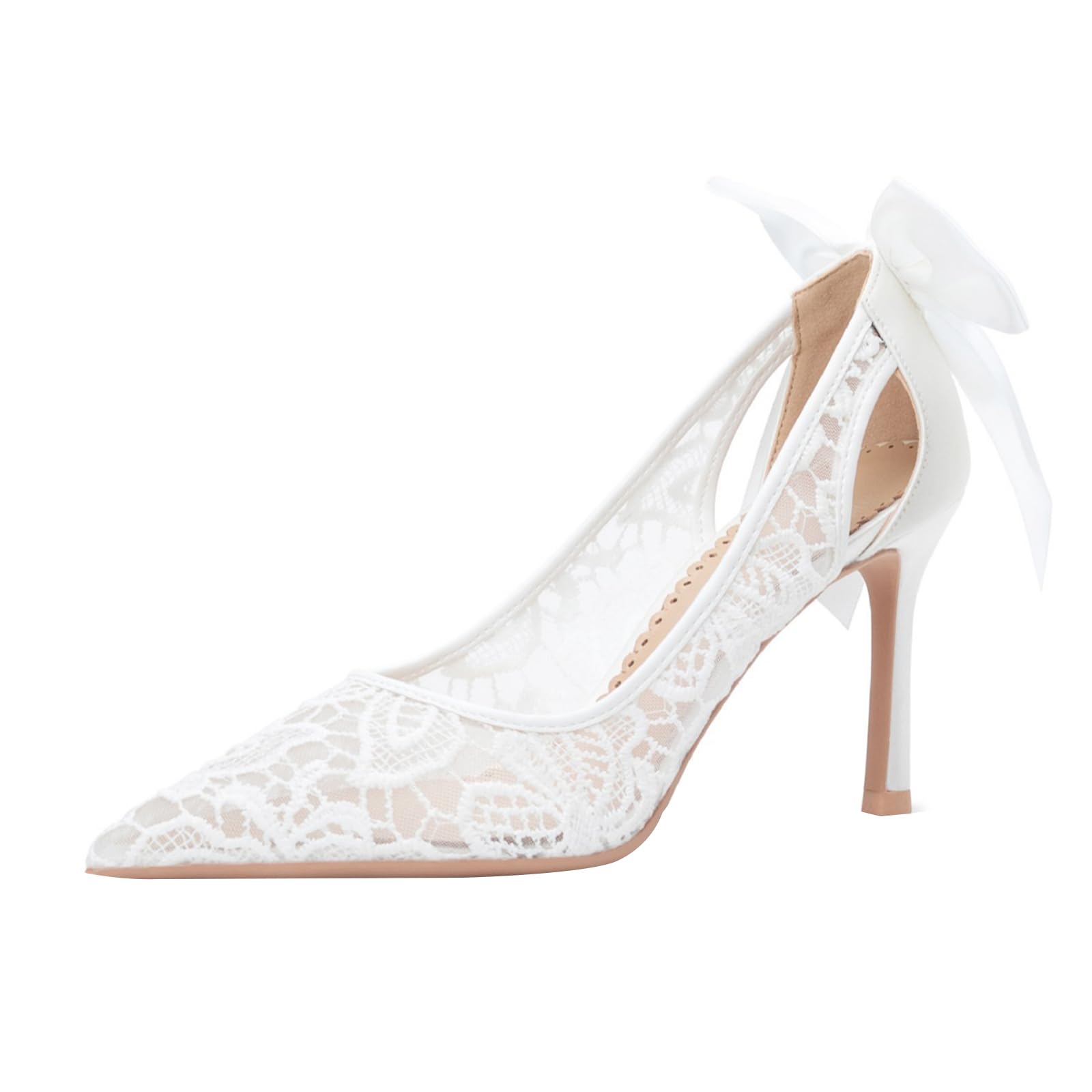 Mujer Zapatos de Tacón 8.5 CM Sexy Stilettos con Punta Calado Blanco Encaje Tul Lazo para Fiestas y Bodas