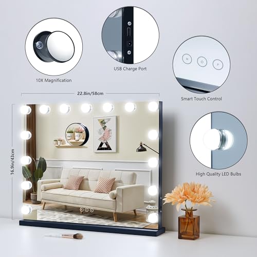 Image of Vanity Mirror with Lights Lighted Makeup Mirror with 15 Dimmable LED Bulbs,3 Color Lighting Modes,USB Charging Port Touch Control,Sturdy Metal Frame Design 22.8x18 Inch,Black