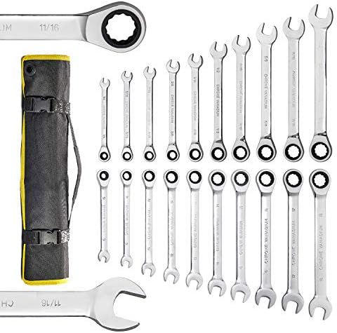 Yashong 20-Piece SAE & Metric Ratcheting Wrench Set, Professional Chrome Vanadium Steel Combination Ended Standard Kit with Portable Suspended Canvas Bag