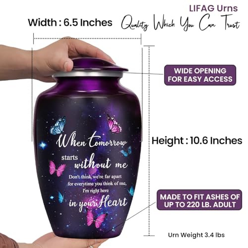 Image of Purple Butterfly Urns for Human Ashes Adult Female & Male with Black Cross Ash Necklace | Handcrafted Purple Urn for Ashes for Women & Men | Large Decorative Urns for Funeral Up to 220lbs