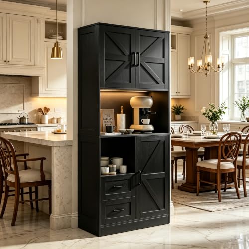 Image of 67.72 inch Tall Kitchen Pantry Cabinet with LED Light & Charging Station, Modern Kitchen Hutch with Microwave Stand, Countertop, Doors & Adjustable Storage Shelves, Black