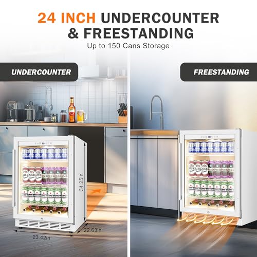 Beverage Refrigerator 24 Inch Drink Fridge, Beer Fridge, 150 Cans Beverage Cooler, Under Counter Refrigerator, Drink Cooler Undercounter Outdoor Refrigerators, Single Glass Door Bar Fridge