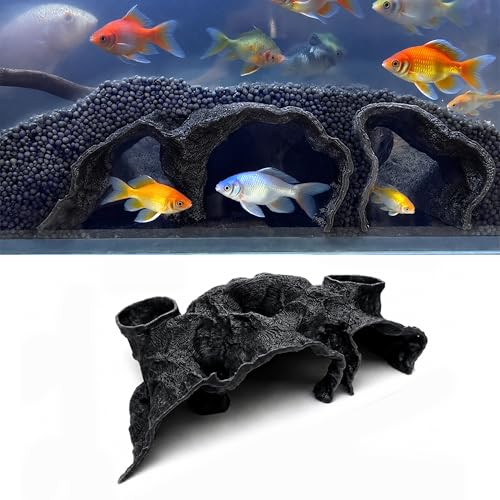 DUS Aquarium Cave Decor 2-in-1 Under Gravel Tunnel & Moss Planter Pod Multi-Entrance Fish Hide with Top Viewing Ports for Betta Pleco Shrimp & Corydoras (Black)