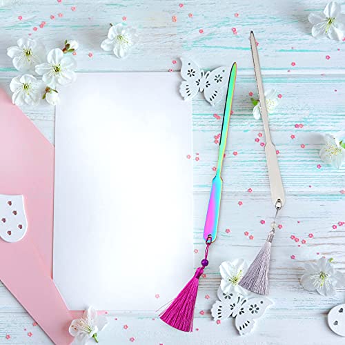 6 Pieces Envelope Letter Openers Stainless Steel Lightweight Letter Opener Knife Hand Envelope Slitter With 3.5 Inch Tassels, Gold, Silver, Blue, Rainbow, Bronze, Black #TOP6