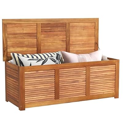 RELAX4LIFE Deck Box Acacia Wood, 46 Gallon Backyard Storage Bin Container for Patio Furniture Cushions, Pillows, Garden Tools, Pool Accessories, Wooden Porch Bench, Indoor Outdoor Storage Box (46 Gal)