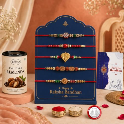 Image of DeoDap Rakhi with Chocolate for Brother - Mix Design Stylish Multicolor Rakhi 5 Pcs with Almond Chocolate 96gms, Greeting Card, Silver Color Pooja Coin & Tilak Set - Traditional Raksha Bandhan Festive Combo Pack