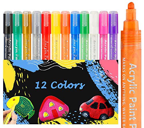 siicaaG Acrylic Paint Marker Pens - Acrylic Paint Pens for Rock Painting, Stone, Ceramic, Glass, Wood, Canvas, Plastic - Waterproof Marker Paint Pens 2mm 12 Colors