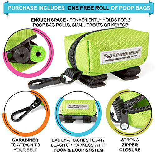 Image of Pet Dreamland Dog Waste Bag Dispenser - Poop Bag Dispenser for Leash - Includes one Free Roll of Doggie Poop Bags - Zippered Pouch, Hook&Loop Straps and Carabiner Clip for Easy Carry (Green)