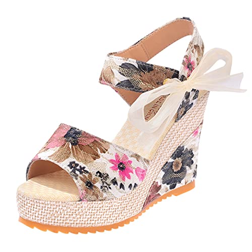 Women Platform Flat Sandals with Ribbon Wedge Ankle Buckle Strap Bowknot Shoes Floral Print Bohemian Beach Open Toe Espadrille Shoes
