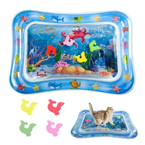 SSIMIDAPT Wassermatte Katze PVC Sensorische Wasserspielmatte Aufblasbar mit 4 Fische Sommer Sensor Water Playmat Interaktives Katzenspielzeug für Katzen Hunde Haustier Drinnen Draußen
