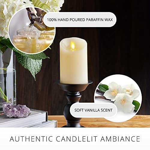 Image of Luminara Realistic Moving Flame LED Candle Scalloped Edge Smooth Finish Real Wax Pillar, Vanilla Honey Scented, Timer - Ivory (3 inch x 4.5 inch)