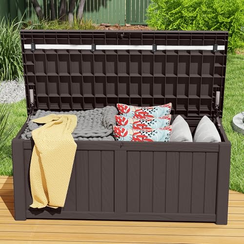 Caja de almacenamiento para exteriores, 119 galones, impermeable, con cerradura, contenedor de resina para patio, jardín, piscina, suministros de gran capacidad de 450 L, color marrón, 141 x 68 x 60