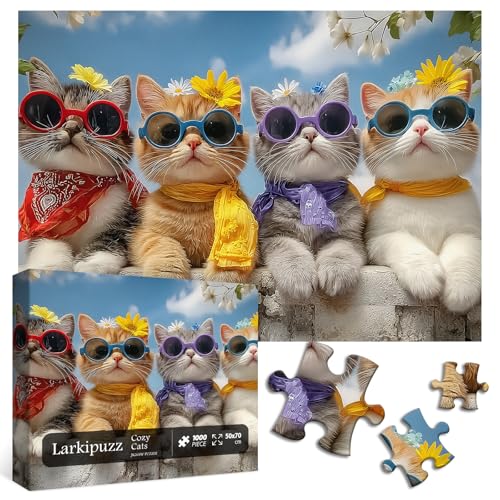 Rompecabezas Funny Cats para adultos, 1000 piezas, gatitos lindos con flores de primavera y gafas de sol, rompecabezas difíciles de animales acogedores de Larkipuzz para decorar paredes en el hogar miniatura 1