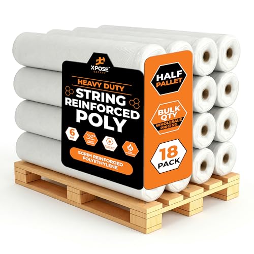 Image of Xpose Safety 6 Mil White String Reinforced Poly Sheeting - Bulk Half Pallet 18 Packs - 20' x 100' Fire Retardant Roll - UV Resistant, Waterproof - Perfect for Construction, Painting, Cleanup