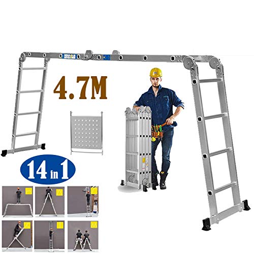 Escalera de Aluminio multifunción de 4,7 m, Resistente, Multiusos, Escalera de extensión Plegable con 1 Bandeja de Herramientas, Carga máxima de 150 kg (330 LB) para Interior y Exterior DIY T