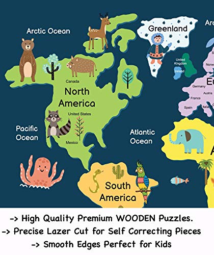Image of Fiddlys 40 Pcs Paperless Wooden Jigsaw Puzzle for Kids & Children Age 4+ Learning Educational Double Layered Wooden Puzzles with Bright Front & Back Print (World Map)