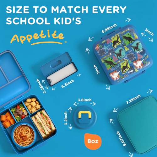 Image of JXXM Bento Lunch Box for Kids With 8oz Soup thermo,Leak-proof Lunch Containers with 5 Compartment,thermo Food Jar and Lunch Bag, Food Containers for School (A-Blue(Dinosaur))