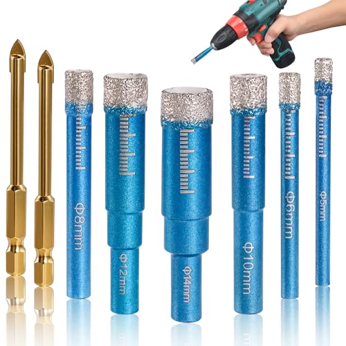 8 Piezas Broca de Prémium Para Azulejos Coronas Para Porcelanico 5/6/8/10/12/14 mm y 2 Brocas de Metal de 6 mm Broca Diamante para Cerámica Granito Vidrio Porcelana Mármol Granito