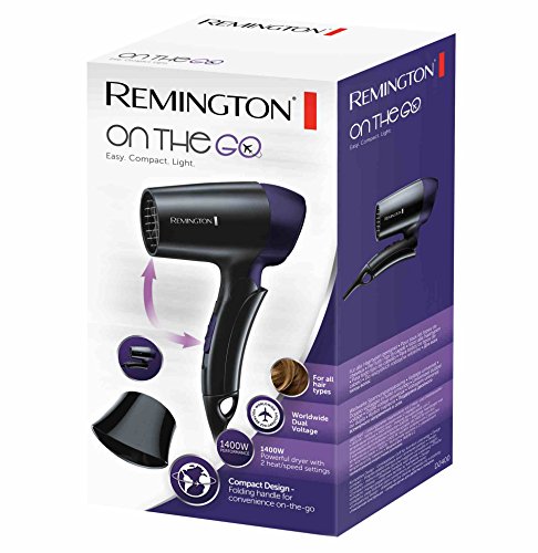 Remington Asciugacapelli estremamente piccolo e pieghevole On The Go 1400 W, bocchetta per lo styling, 2 livelli di riscaldamento e ventola, Asciugacapelli da viaggio D2400