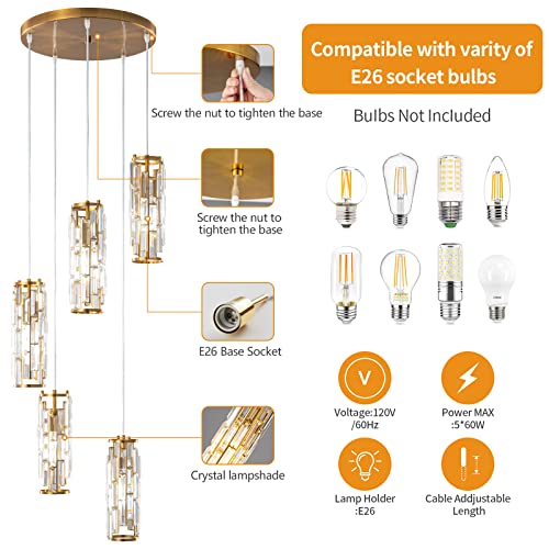 Image of LMQNINE Pendant Light, Gold Modern Pendant Light Fixtures, Mini Crystal Chandeliers, Adjustable 5-Light Pendant Lighting for Kitchen Island Dinning Room Bedroom (Gold 5-Light)