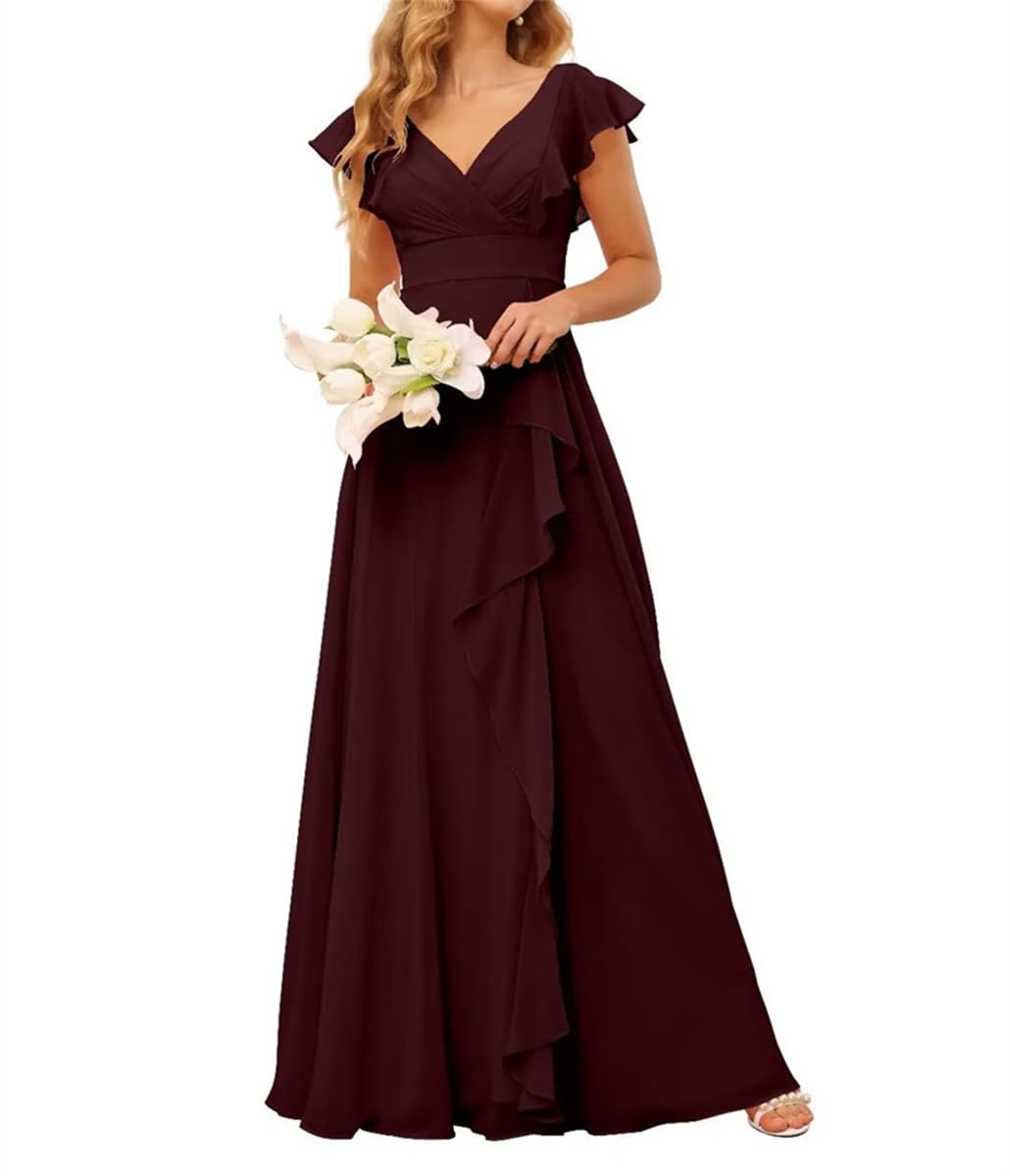 Women's Pleats Chiffon Bridesmaid Dresses V Neck Formal Evening Party Gowns Ceremony Dresses Backless