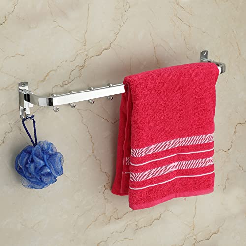 Image of USF Bath Accessories 304 Grade Stainless Steel Folding Towel Rod with Hooks, 24 Inch Towel Bar for Bathroom, Wall Mounted Napkin Rod, Chrome Finish, 3 Years Warranty
