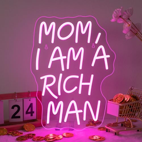 Image of Lucunstar Mom I Am A Rich Man Neon Sign Pink Neon Signs for Wall Decor Pink LED Light for Bedroom Decor USB Connectivity Led Neon Signs for Home Boys Room Man Cave Gifts for Teens