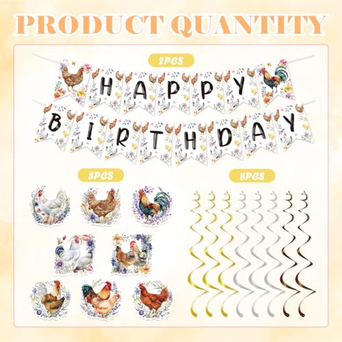 Image of Chicken Birthday Decorations Include Chicken Happy Birthday Banners Hanging Swirls Chick Farm Animal Birthday Theme Party Supplies