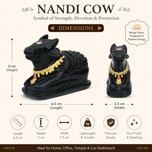 Image of Nandi Idol, Handcrafted Matt Finish Shiva's Cow Statue for Temple Puja & Home, Nandi Pindi Showpiece, Ideal Gift Item for Housewarming Black (Small)