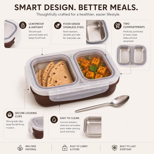 Image of Bento Lunch Box 550ml, Stainless Steel Lunch Box with 2 Compartments & Spoon, Microwave Safe BPA Free Tiffin Box, Leak Resistant Lunch Box for Kids & Adults, Office, School & Travel Brown