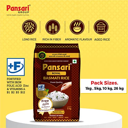 Image of Pansari Royal Basmati rice, Great Taste and Mesmerizing Aroma | Long Grain, Naturally Aged(2-Years) with Fortified | Basmati Rice, Biryani Rice, Pulao Rice (5+1Kg)