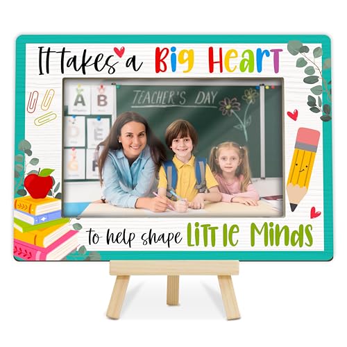 Kqfdr Teacher Picture Frame Gift, Daycare Teacher Appreciation Gifts, It Takes a Big Heart to Shape Little Minds, Small Wooden Photo Frame 4X6 with...