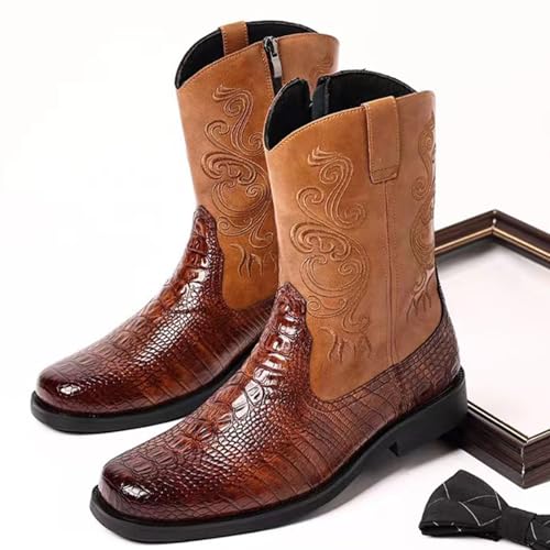 Men Cowboy Boots PU Leather Crocodile-Embossed Boots Vintage Mid-Calf Western Embroidered Boots Wear-Resistant Heel 5