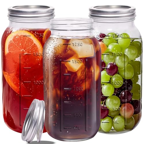eleganttime 64 oz Mason Jar Wide Mouth 3 Pack,Large Half Gallon Mason Jar with Airtight Lid,Big 1/2 Gallon Big Mason Jars for Canning,Pickling, Fermentation and Preservation
