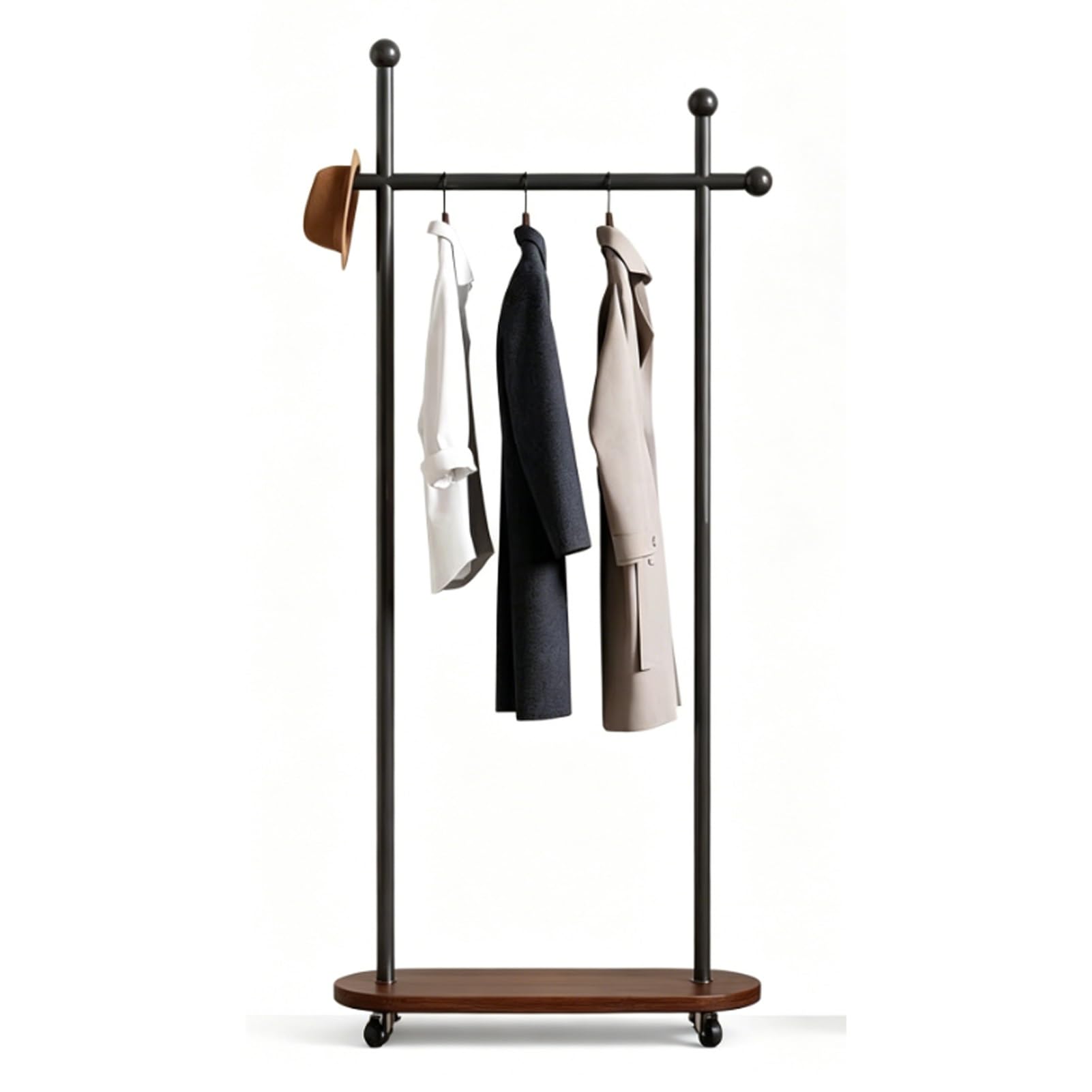 YAOHY Coat Rack Freestanding Clothing Rack with Wheels, Double-pole Clothing Racks with Storage Shelves for Corner Bedroom Hallway Entryway Living Room Hotel(Black,23.6in/60cm,Style2)