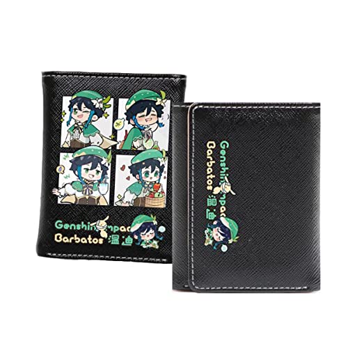 Mens Slim Wallet Genshin Impact Artificial Leather TriFold Wallet With Stickers Card Cases Money Organizers (Venti Black)