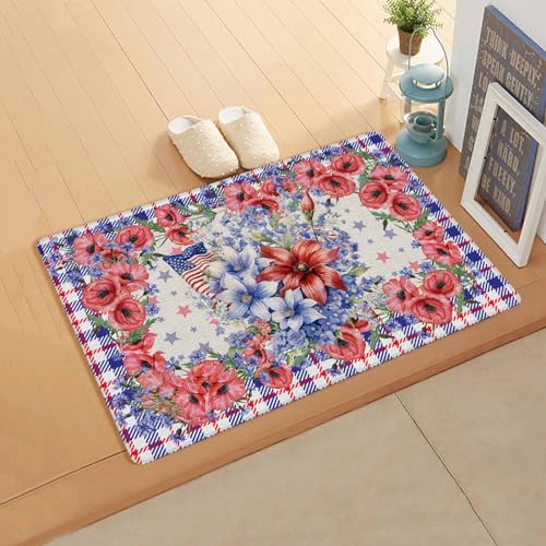 Independence Day Plaid Antifatigue Kitchen Bath Door Mat Cushioned Runner Rug,Washable Welcome Floor Sink Mat,Waterproof & Non-Slip Kitchen Standing Doormat,Red Blue Stripes Stars Flag Flower 24