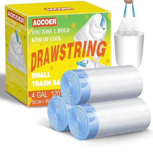4 Gallon Trash Bag, Small Drawstring Trash Bags, 15 Liter White Garbage Bags, 120 Count