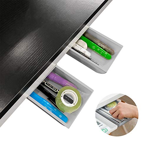 Under Desk Storage Desk Drawers Organizer 2Pack Self-Adhesive Hidden Desktop Pencil Drawer Tray for Home Office Desk/School Desk Gray